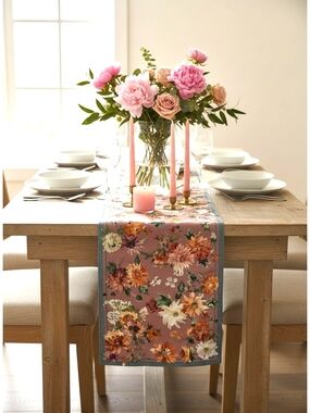 Sur La Table -Runner, Pink Floral with Grey Edge- 16"×108"- EUC $70 Retail